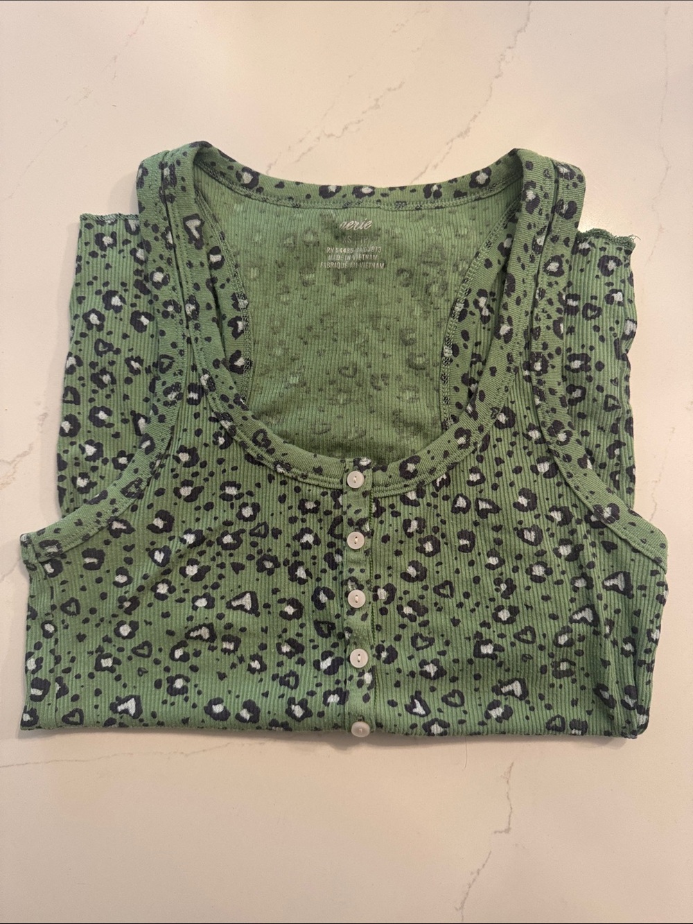 Aerie Olive Green Leopard Ribbed Button Tank